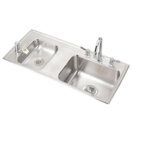 Elkay Lustertone Stainless Steel 37-1/4X17X7-5/8 Double Bowl Top Mount Classroom Sink + Faucet/Bubbler Kit DRKR3717LC